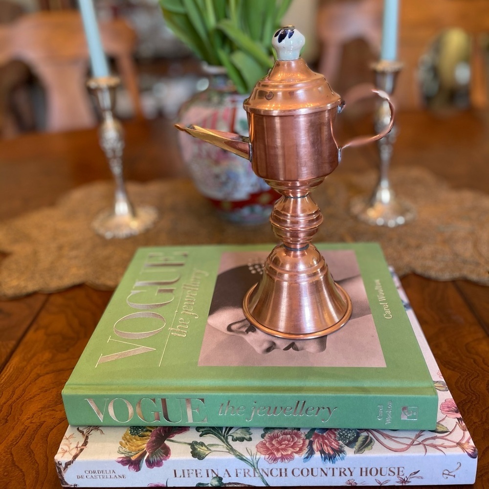 Antique Vintage Copper Brass Whale Oil Lamp Snoteus, Dutch Delft Porcelain Knob